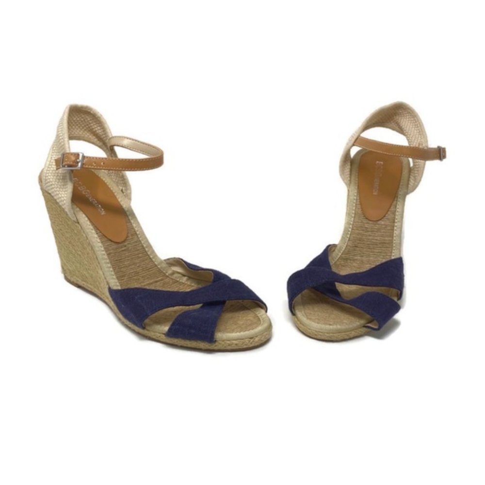 BCBG Wedge Sandals Navy Tan 10